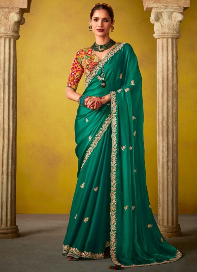 Green glass tissue sequins embroidered wedding saree with blouse 2151